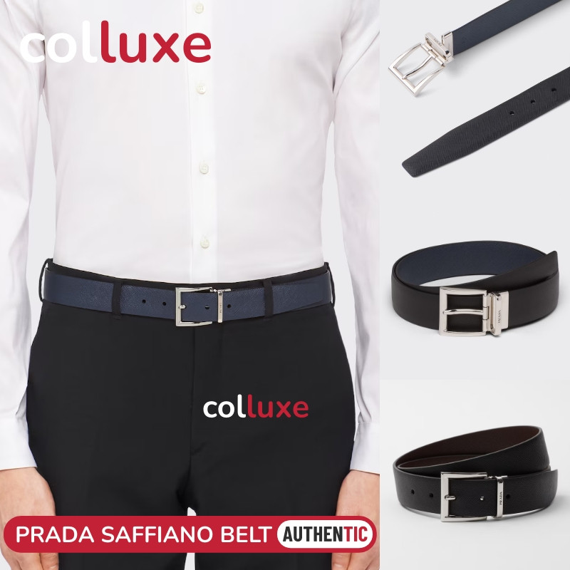 Prada Reversible Saffiano Leather Belt Men's Belt Sabuk pria 3.3cm