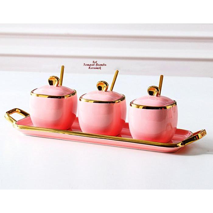 Tempat Sambal Saos Bumbu 1 Set Isi 3 Plus Nampan - PINK LIST GOLD