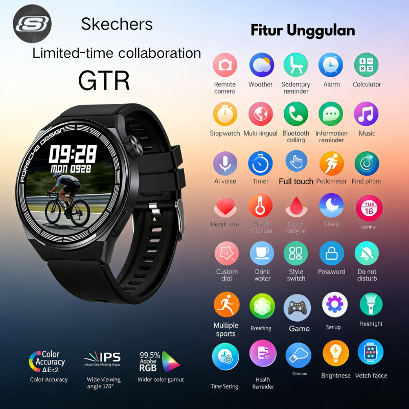 [100% Original] Skechers SmartWatch GT8.Panggilan suara.tampilan jam khusus.MP4,.pemantauan detak ja