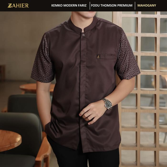 ZAHIER Kemeja Koko Batik Pria Fariz Coklat Mahogany Kemko Premium Modern Motif Pendek & Panjang - Ma