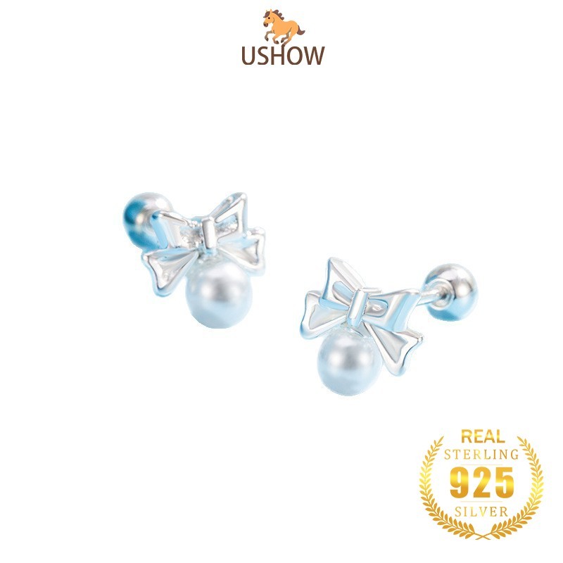 USHOW Anting-anting Stud Mutiara Pita Perak S925 Perhiasan Wanita