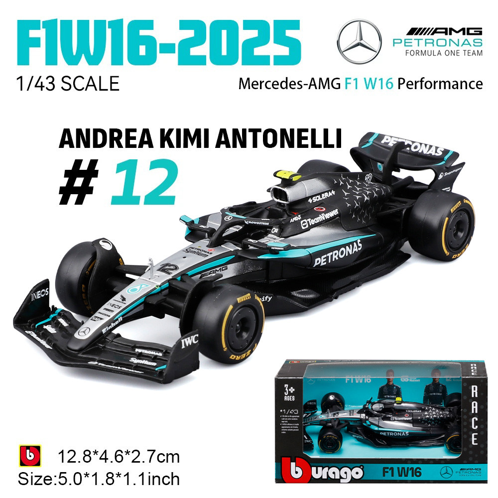Bburago 1:43 New F1 Mercedes-AMG 2025 W16 #63 George Russell #12 Kimi Antonelli Alloy Car Die Cast M