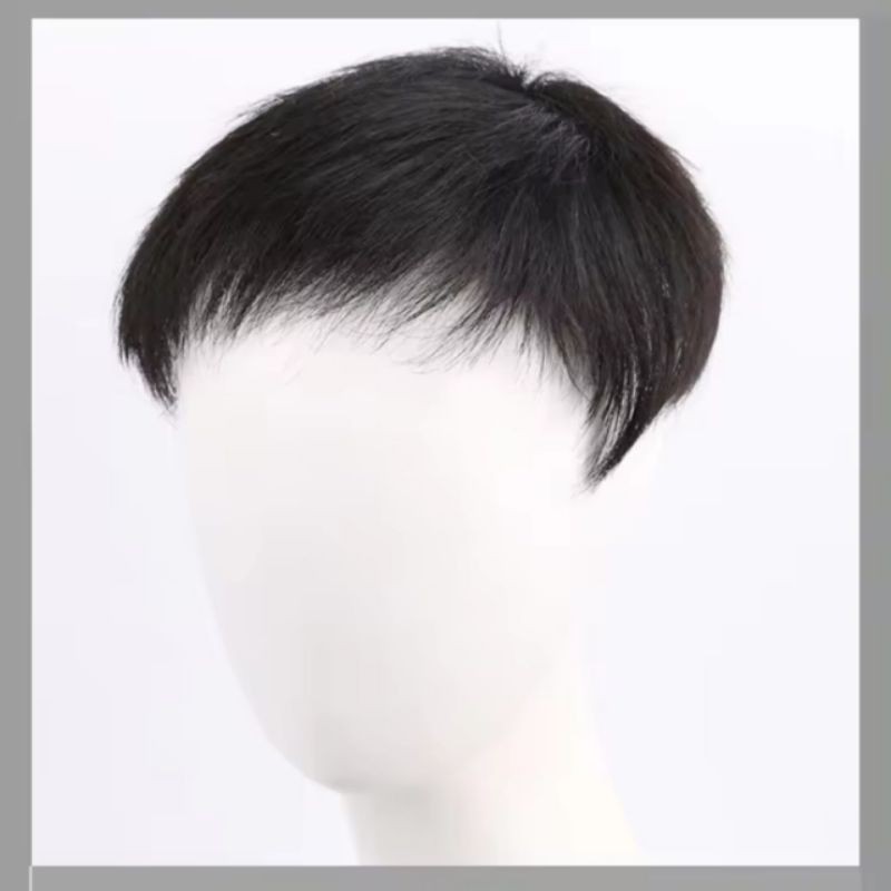 Wig Toupee Pria Rambut Pendek Warna Hitam Natural Tanpa Poni