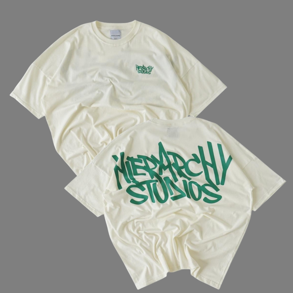 COD  Hierarchy Studios - Graffiti Wide Logo Oversized T-Shirt White Trendy dan fashionable