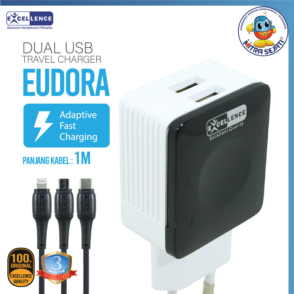 EXCELLENCE Travel Charger Eudora 2.1 Ampere 2USB Charger for Micro/Type-C/iPhone Charger for Univers