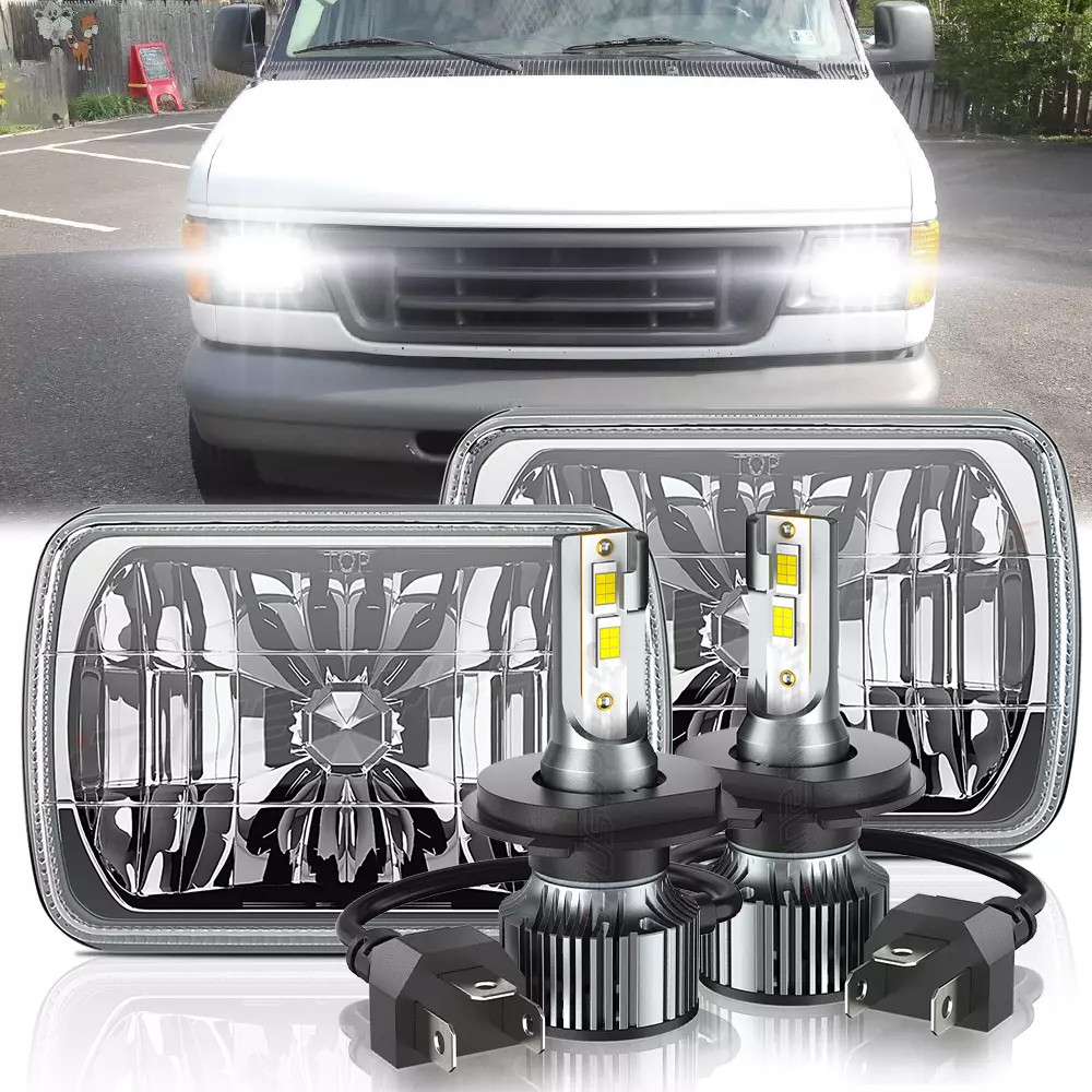 For Ford E150 E250 E350 1 Pair 7x6" LED Sealed Beam Square Headlamp with 12V H4 6500K 20000LM 3570 C