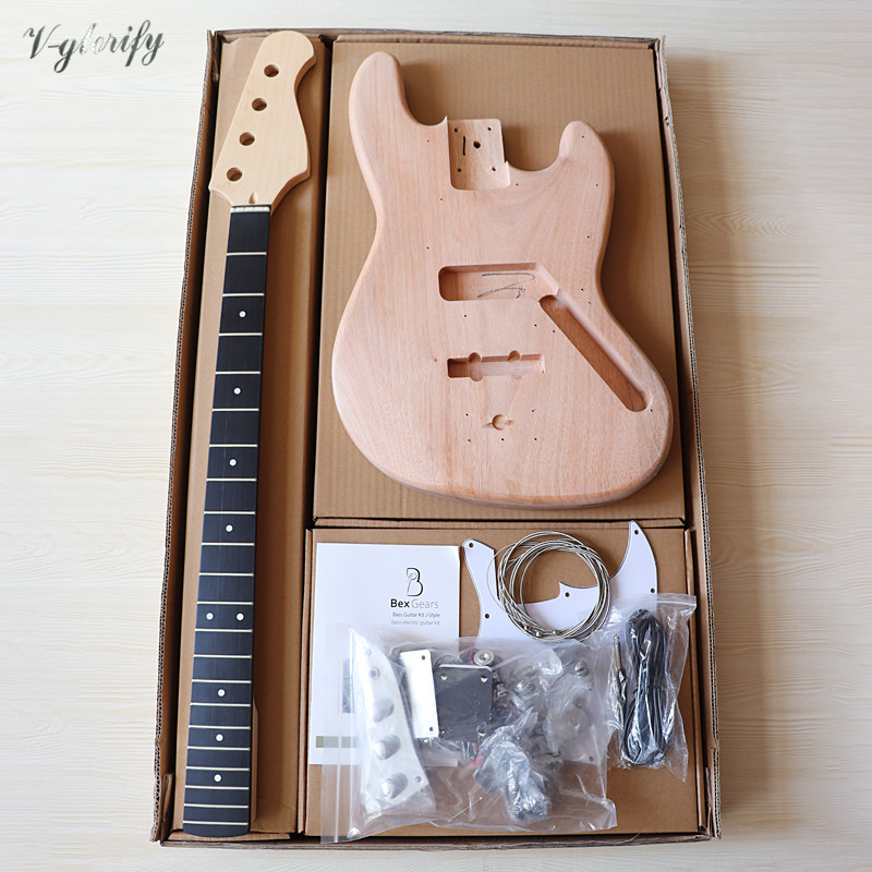 JB Bass Guitar Kit Guitar Neck 21 Frets Electric Bass Guitar Body with All Accessories Bass Unfinish