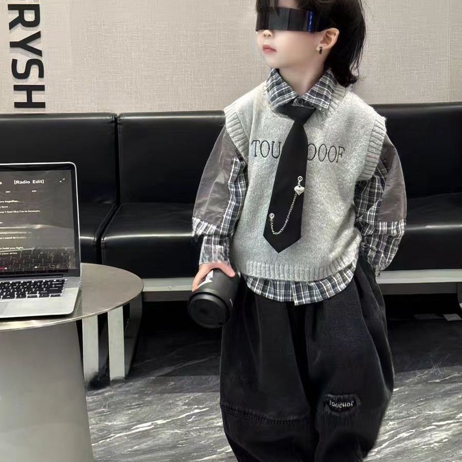 Set anak-anak set tiga bagian gaya asing baru Korea anak laki-laki perguruan tinggi kemeja rajutan r