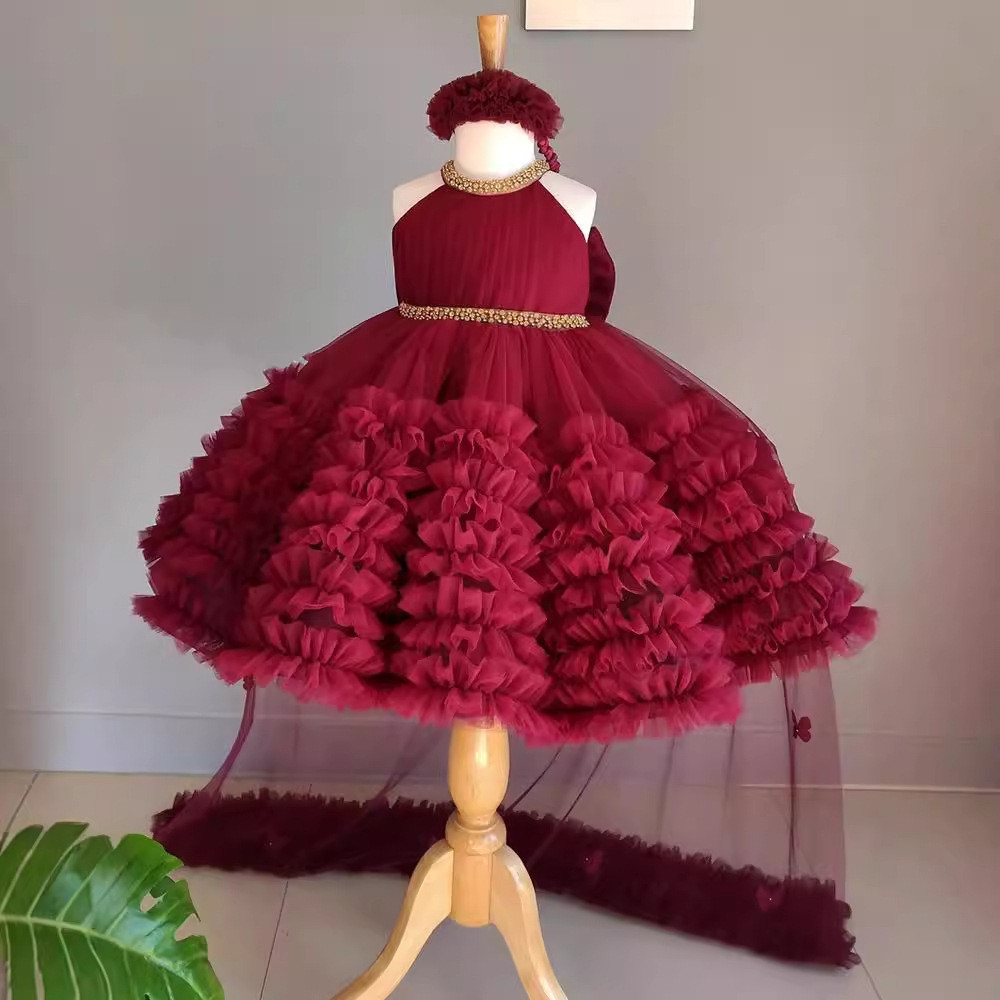 little girl dress2025Sweet Fluffy Dress Performance Costume Wine Red Princess Dress Catwalk Show Per