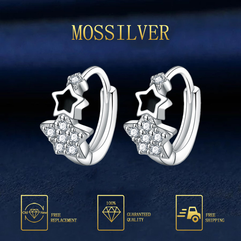 MOSSILVER Anting Bintang Hitam Lima Sudut Berlian Inlaid Gaya Minimalis Elegan