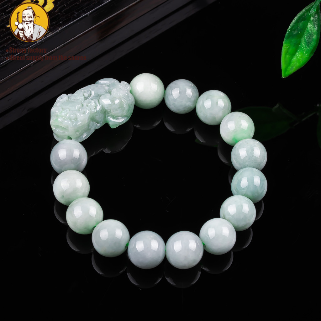 Jadeite alami, gelang Pixiu, gelang manik-manik giok es 14MM.