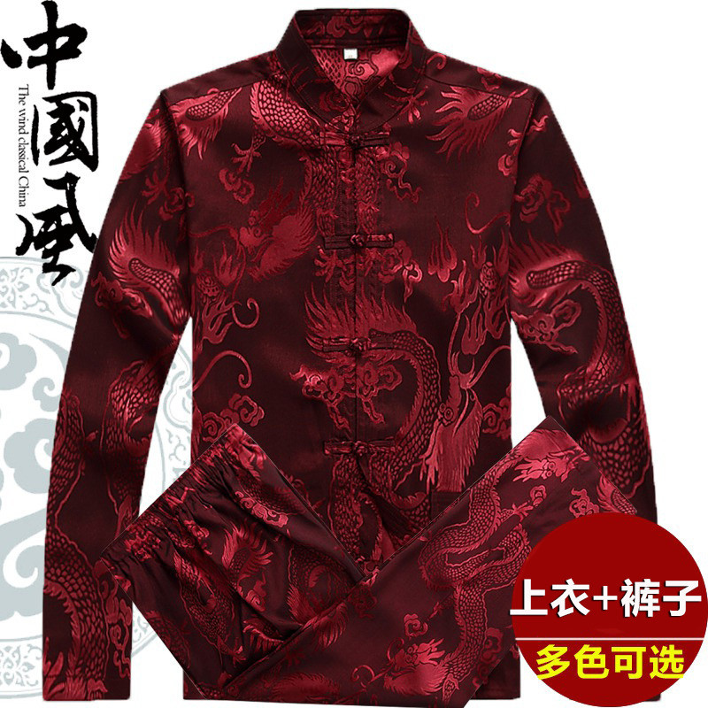 Setelan Baju Tunik Pria Lansia Musim Semi Model China, Kerah Tegak dan Kancing Tradisional, Kemeja L