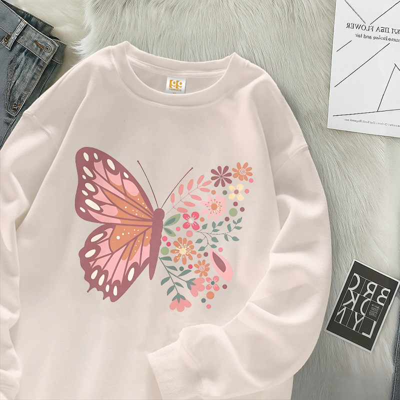 99Premium Kaos Lengan Panjang Tangan Karet Kaos Warna Khaki Oversize Unisex | Motif Pink Butterfly A