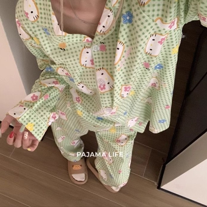 [Leemeoo] Piyama Wanita Kartun Lengan Panjang Loose Breathable Korean Style Homewear Set Piyama Baru