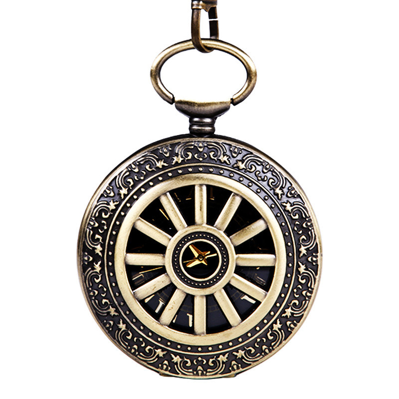 Jam Saku Vintage Roda Kereta Berongga Bunga Perunggu Dial Hitam Besar