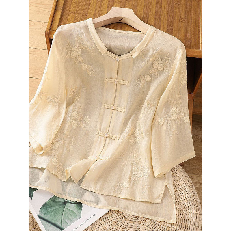 Blus Linen Katun Bordir Elegan Gaya Baru Kemeja Teh Atasan Kecil
