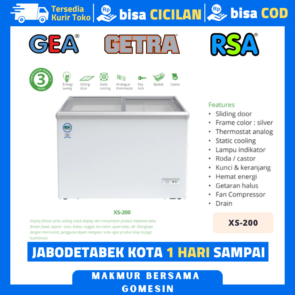 Chest Freezer Sliding RSA XS-200 Freezer Sliding Kaca Flat Kapasitas 171 Liter
