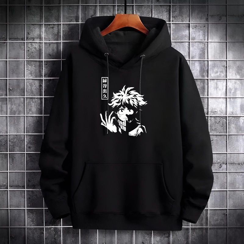 Jaket Hoodie Anime My Hero Academia Deku Midoriya Izuku Unisex Oversize Sweater Hitam