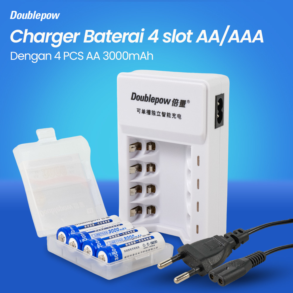 COD PROMO - Charger Baterai 4 Slot dengan 4 Baterai AA untuk Pemakaian Elektronik Harian