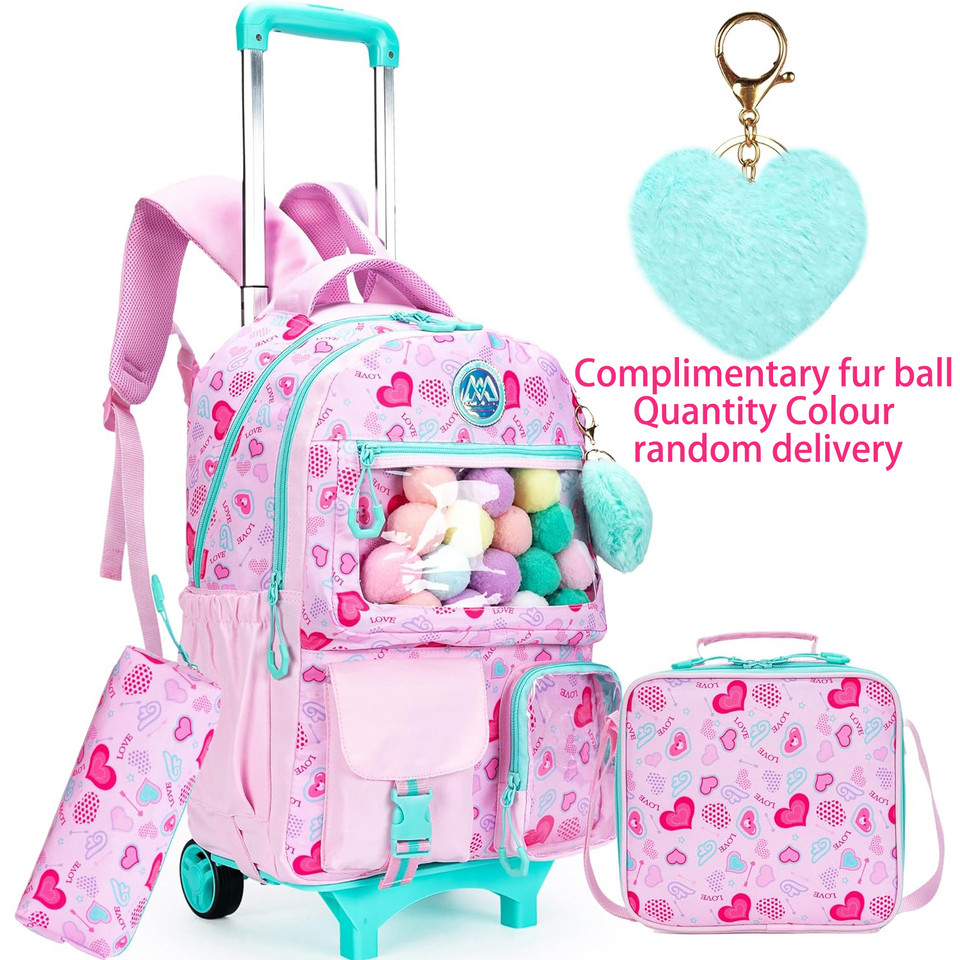 Kids Roller Backpack for Girls 3 Pieces Children's Luggage Luggage Lunch Box with Wheels School Bag 