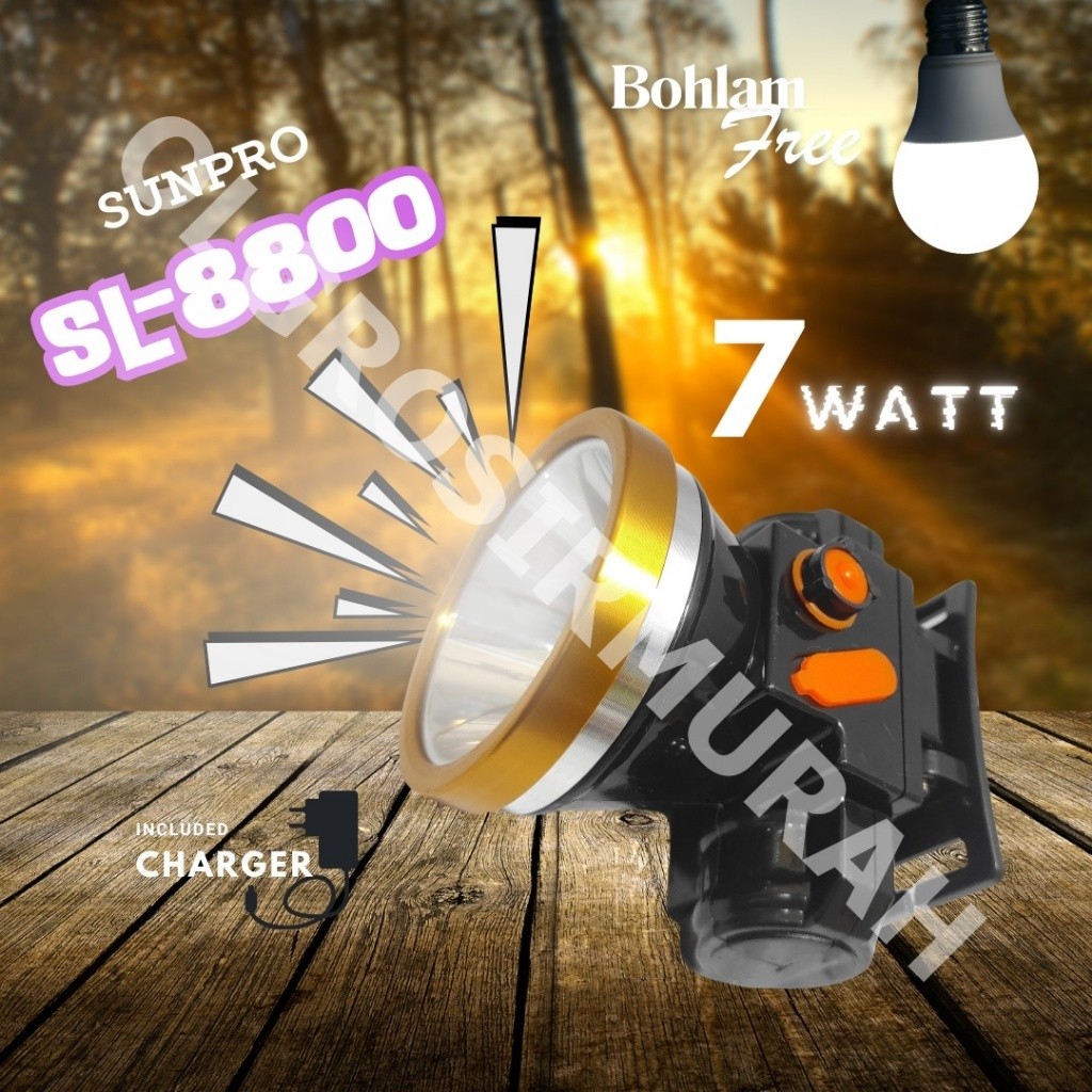 baru Senter Kepala Sunpro SL-8800 Putih 7Watt Headlamp Charger bonus Lampu