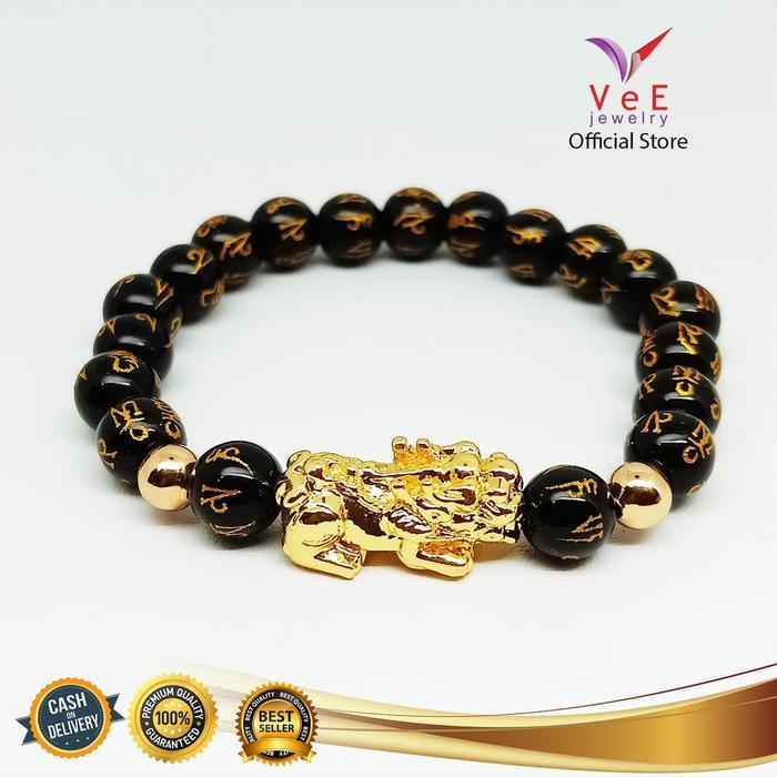 05kq- Gelang Batu Giok Cina Mantra Asli Hitam 8Mm Pixiu - Vee Gelang Wanita