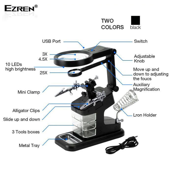Ezren TE-803 Kaca Pembesar Dudukan Stasiun Magnifier LED Light Clamp