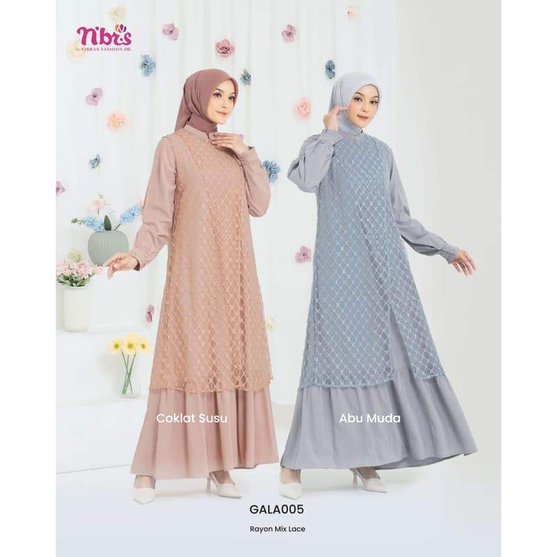 Nibras Gala 005 Gamis Brokat Dewasa Kondangan Abu Muda Coklat Susu Bahan Rayon Busui Variasi Outer