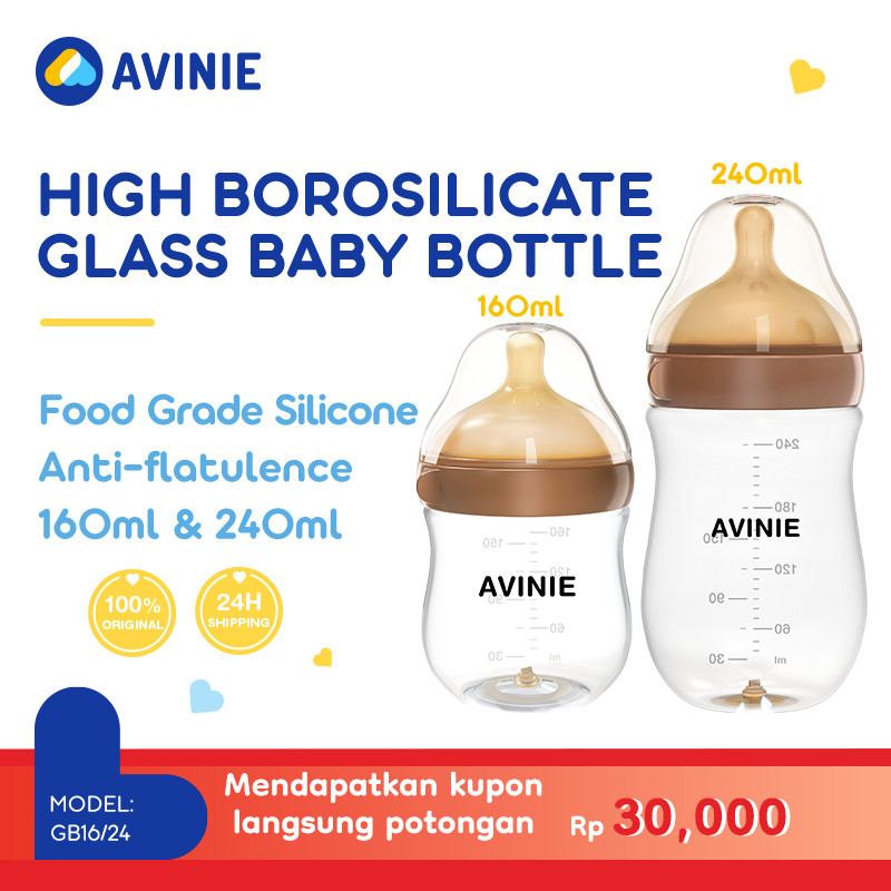 AVINIE Dot Bayi Botol Susu Kaca Anti Kolik Botol 160ml BPA Free Wide Neck Botol Susu Bayi AVGB16