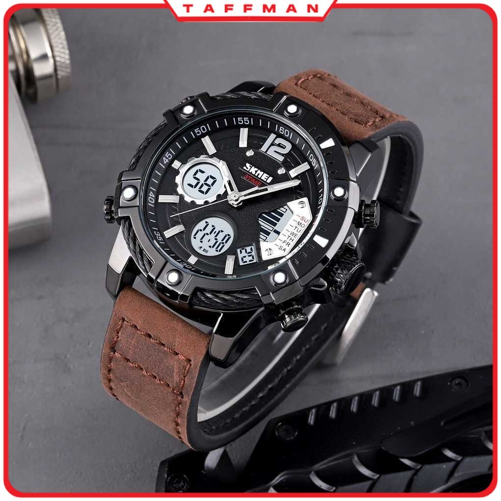 TM - Jam Tangan Digital Analog Pria Strap Kulit - SKMEI 1618
