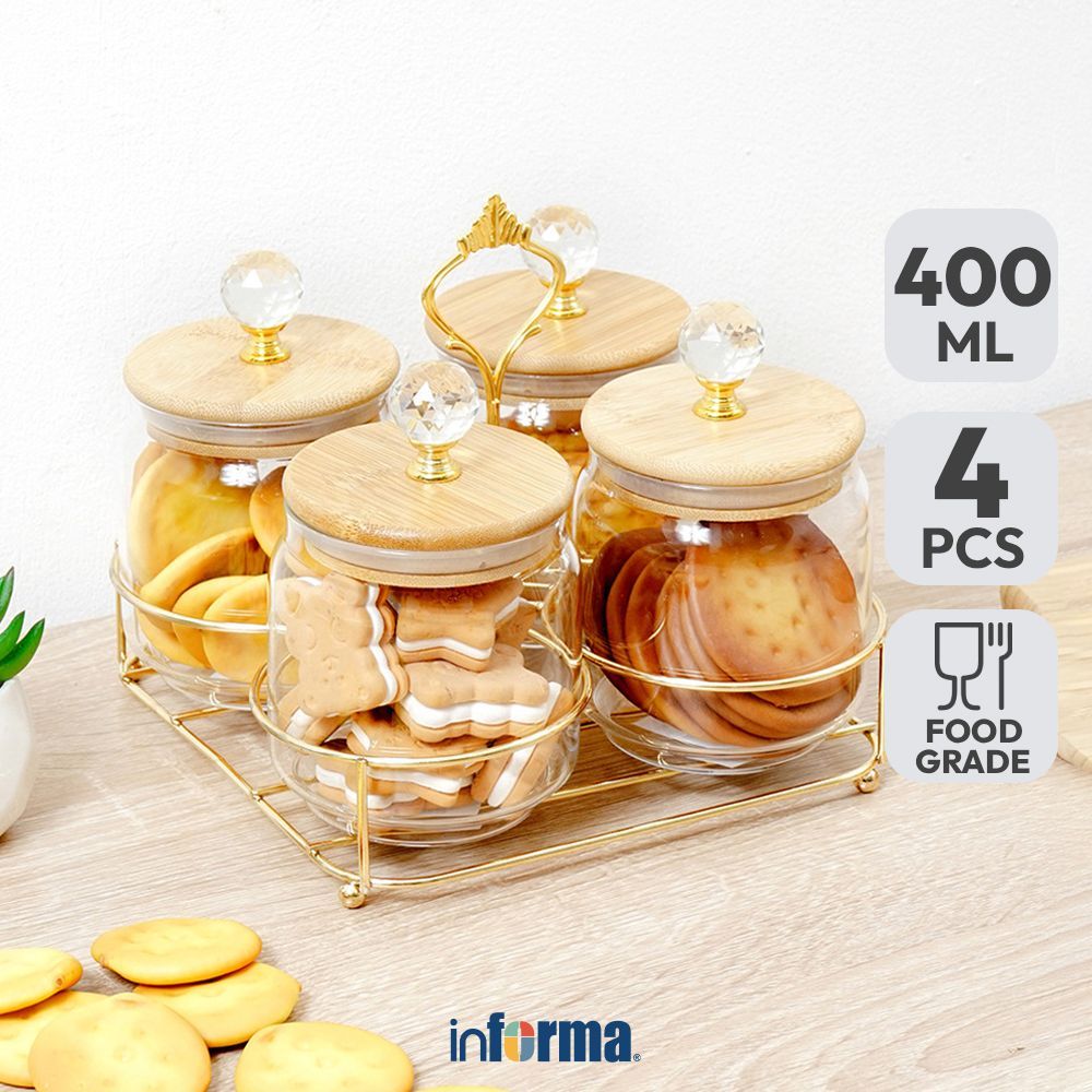 Informa 400 ml Set 4 pcs Gia Stoples Kaca Dengan Rak Jar Tempat Simpan Snack Dan Permen Setoples Top