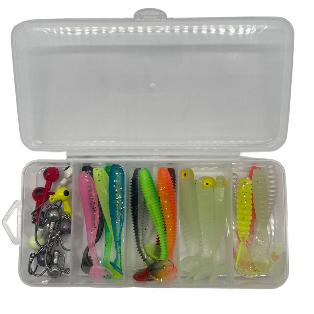 30pcs//box Soft Lure Kit Soft Fishing Lure 5cm 5.5cm 3.5g Jig Head Hook with Fishing Tackle Box Pesc