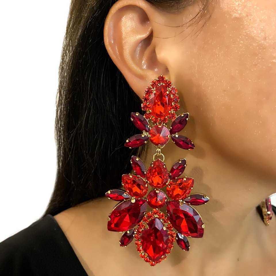Stonefans Red Rhinestone Water Drops Earrings for Women Party Queen Accessories Crystal Statement Da