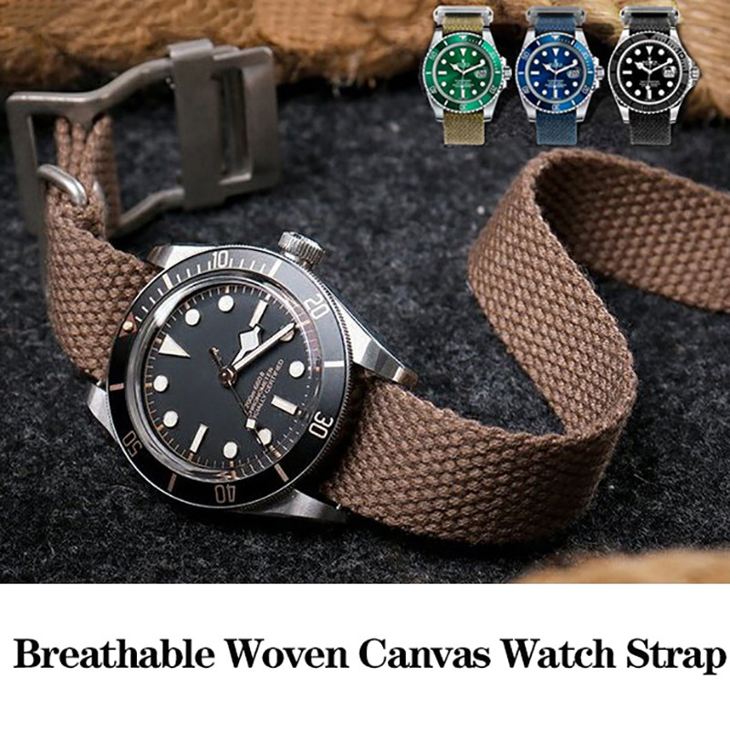 20mm 22mm Vintage Breathable Canvas Woven Wat Strap For Rolex Black Green Water Ghost Hamilton Seiko