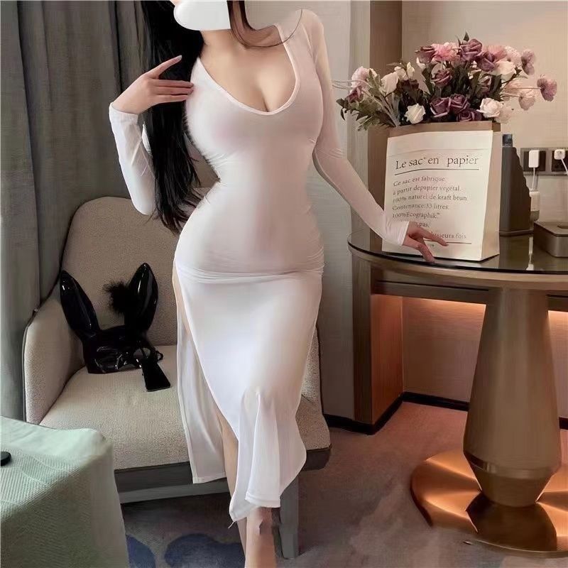 Long Sleeve French Style Women's Lingerie Split Dress Nightgown