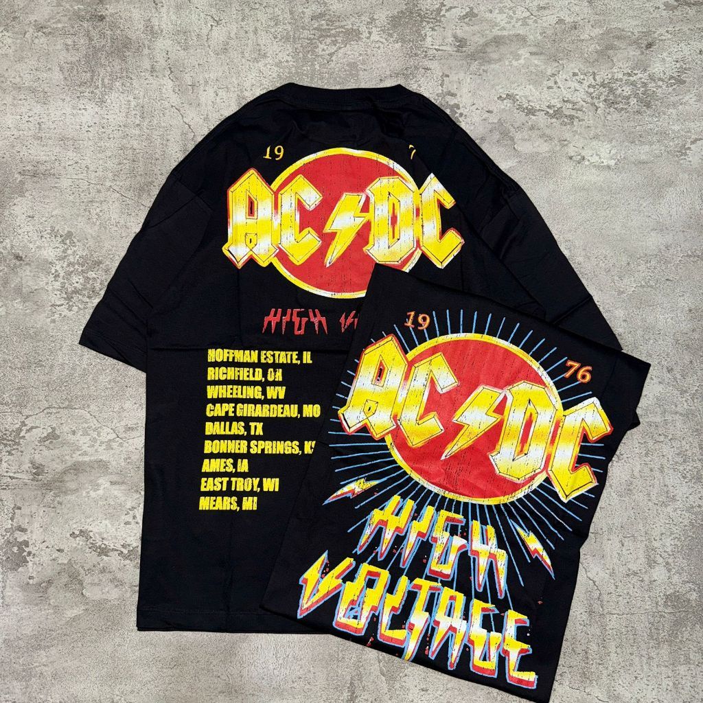 COD Baju Kaos Pull&Bear Oversize ACDC High Voltage 1976 - T Shirt Vintage AC/DC Oversized Black 20s