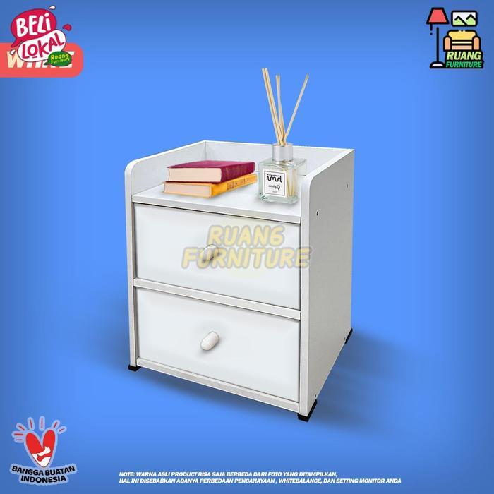 MEJA NAKAS 2 LACI MINI MEJA KAMAR TIDUR MINIMALIS PORTABLE - 2 LACI PUTIH FULL  Original