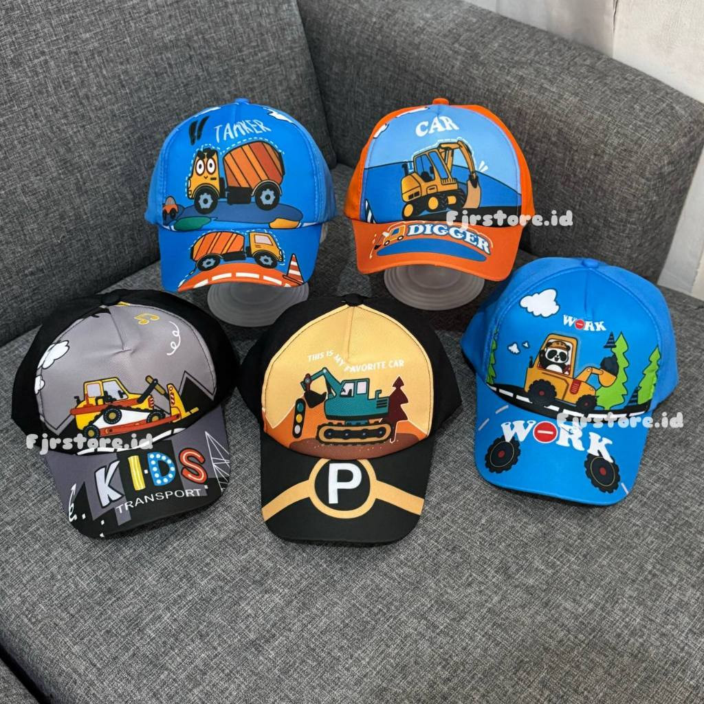 Topi Baseball Anak Laki Laki Motif Eskavator Truk Car Mobil Kontruksi Kekinian Ala Korea