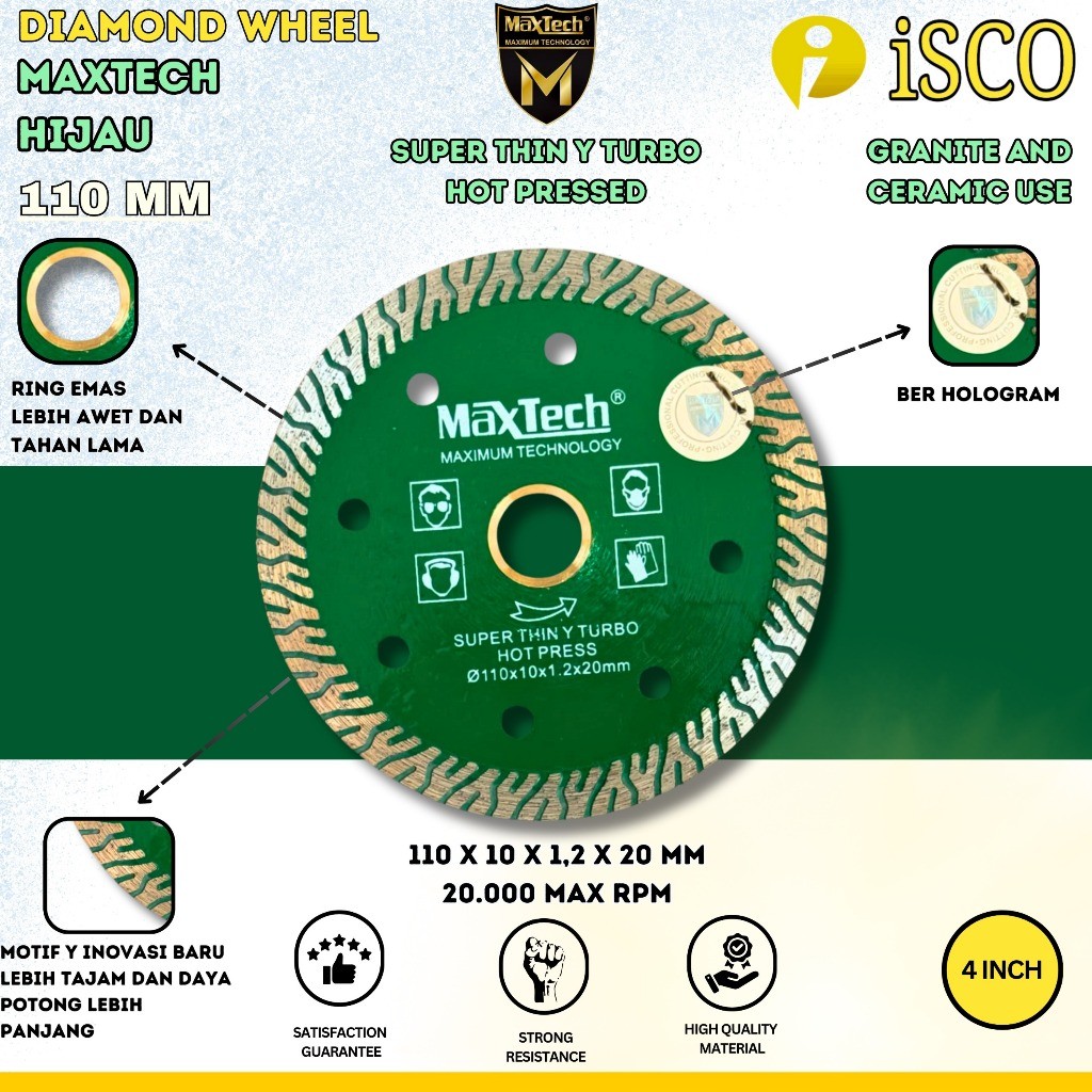 DIAMONDS WHEEL POTONG GRANIT MAXTECH 4" TURBO X HIJAU Potong Granit Isco Maxtech Batu Potong Keramik