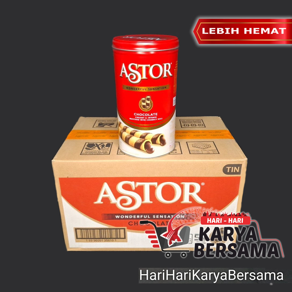 MAKANAN RINGAN ASTOR CHOCOLATE WAFER STICK ROLL COKELAT PER KARTON ISI 6 KALENG X 330GR