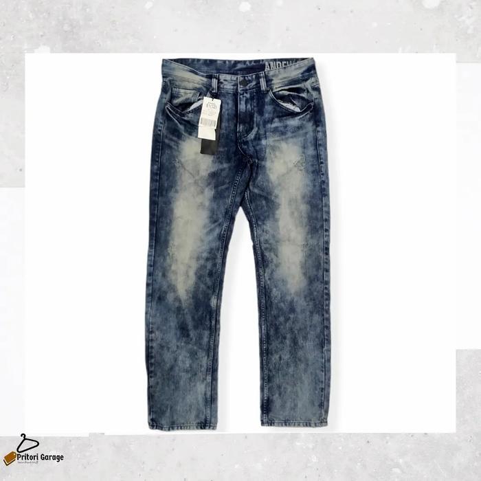 Raw Denim Tebal Jeans Andew BNWT Straight Fit Light Blue Acid Wash 32