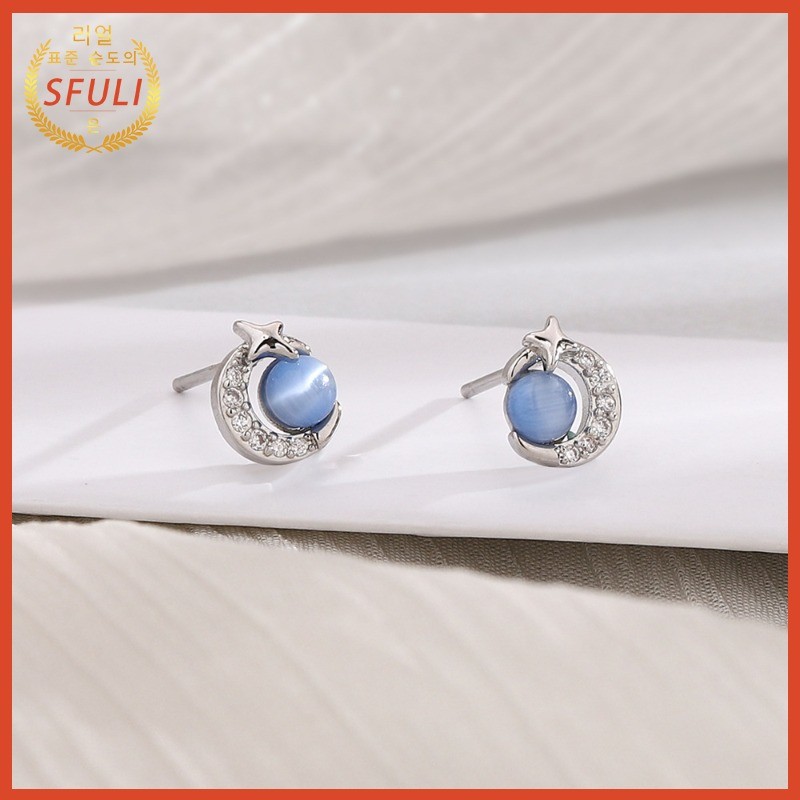 Anting Batu Mata Kucing Wanita Berlian Berkilau Planet Biru