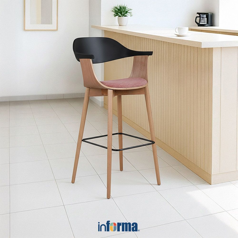 Informa Sorai Kursi Bar Fabric - Pink/Kayu Natural Bar Stool Tinggi Counter Chair Cafe Tinggi