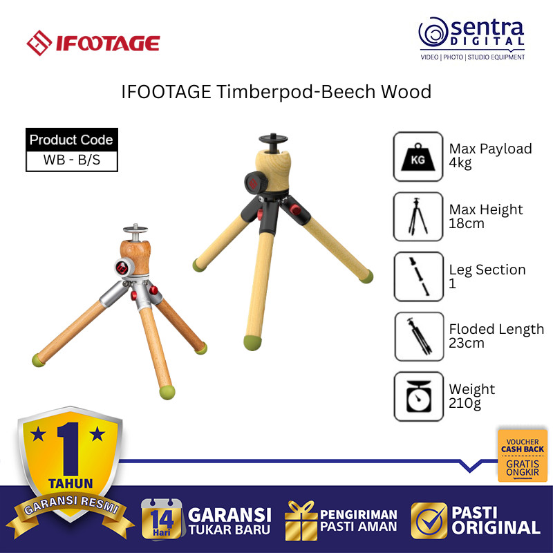 IFOOTAGE Timberpod Beech Wood Black/Silver WB Tripod Mini Meja Kayu Kamera DSLR Mirrorless Ringan Po