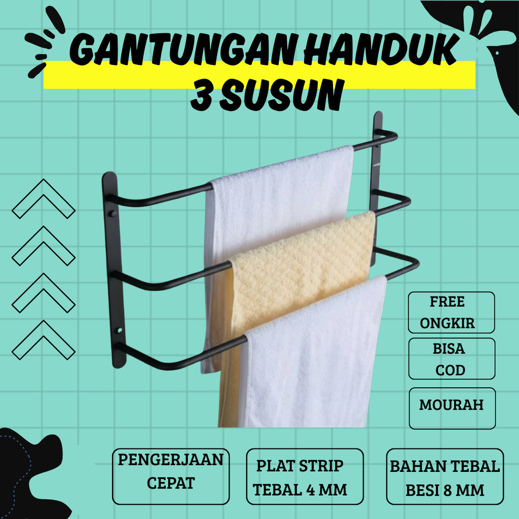 Gantungan handuk 3 susun / Rak handuk kamar mandi 3 susun / gantungan handuk tempel dinding