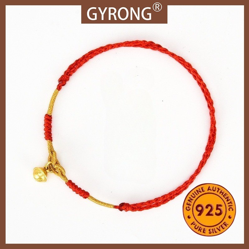 GYRONG Gelang Kaki Retro Fashion Berlapis Emas dengan Lonceng Kecil dan Tali Merah Tenun Tangan