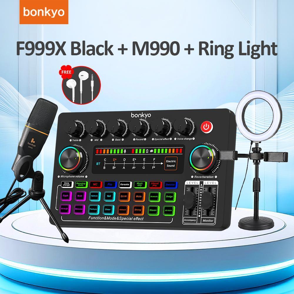 Bonkyo Paket Peralatan Streaming Lengkap: Sound Card F999X + Mikrofon M990 + Lampu Dering untuk Live