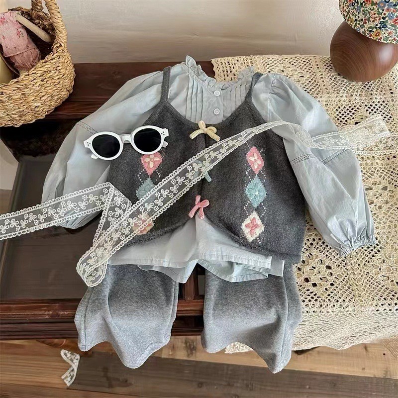 [Kota Dongeng]Kemeja rompi dasi kupu-kupu dan celana kaki lebar untuk anak perempuan gaya Korea