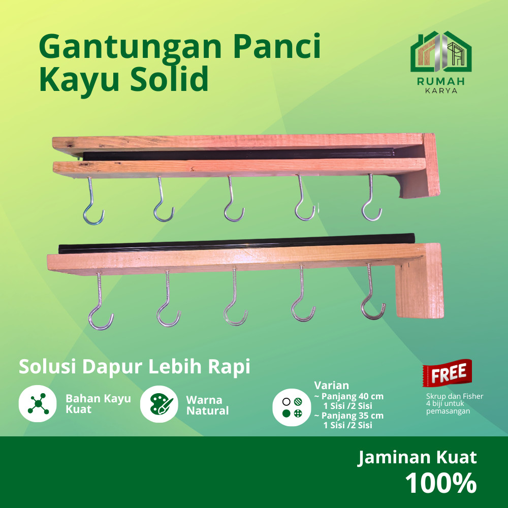 Rak Gantungan Panci Kayu 40 cm – 5/6 Hook – Kayu Solid – 1 Sisi & 2 Sisi – Tahan Berat