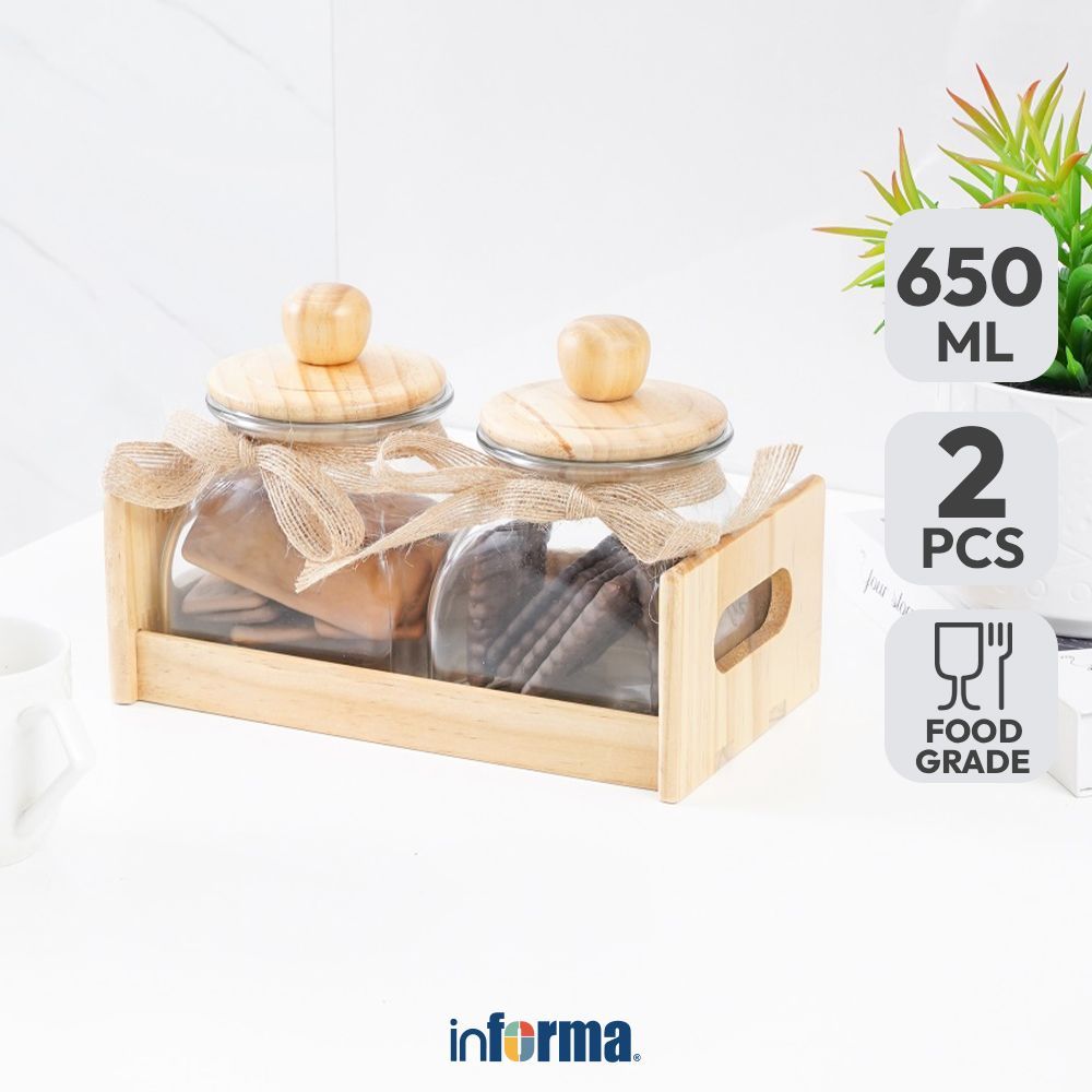 Informa 650 ml Set 2 pcs Coco Stoples Kaca Dengan Nampan Jar Tempat Simpan Snack Dan Permen Setoples
